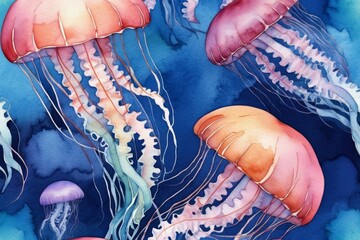 jellyfish in blue water watercolor illustration. Marine wildlife background. 