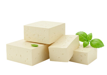 Isolated Fresh Tofu Cubes with Basil Leaves