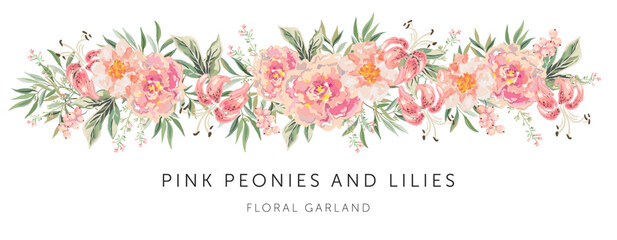 Pink peony and lily flowers, currant berries, green leaves, white background. Garland template with text. Vector illustration. Floral banner. Summer border design  © ojardin