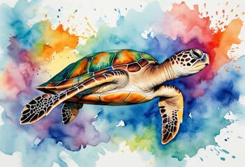 sea turtle swimming in water. Marine wildlife watercolor illustration.