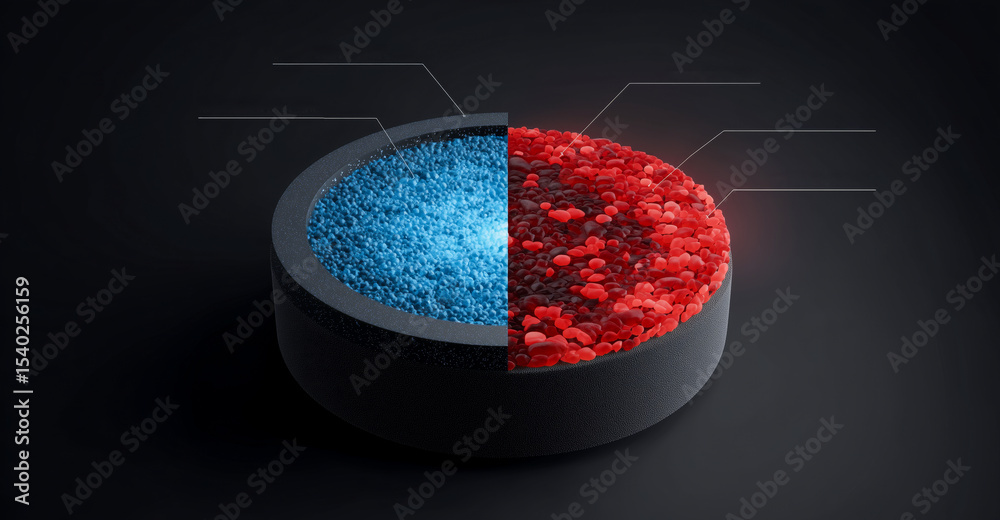 Poster this display illustrates advanced smart materials, featuring a split design showcasing blue and red 