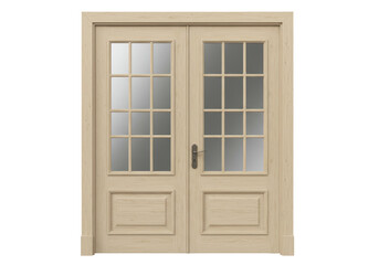 Isolated Natural Wood Double Door with Glass Panes