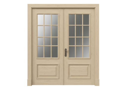 Isolated Natural Wood Double Door with Glass Panes
