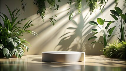“Podium with nature shadow overlays and plant silhouettes in the background”
