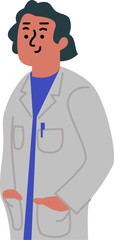 Doctor in Lab Coat: A friendly-looking doctor, wearing a light grey lab coat over a blue shirt, stands with hands in pockets, exuding confidence and professionalism.