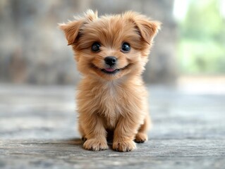 Adorable Tiny Puppy Sitting Outdoors on Wood
