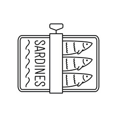 Fototapeta premium Hand drawn outline sardines fish in a can. Editable stroke. Doodle drawing for menu design, print, poster, banner.