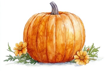 Watercolor Painting of Single Orange Pumpkin with Flowers