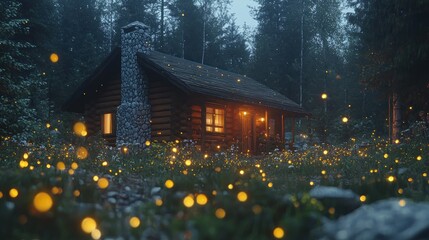 Cozy log cabin in a mystical forest at night