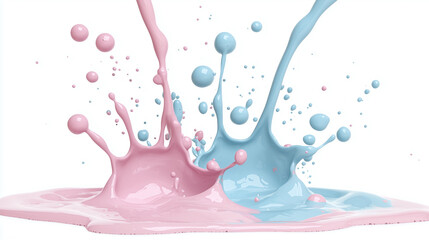Pink blue paint splash with droplets on white background, abstract liquid splash in pastel colors creating dynamic motion and energy