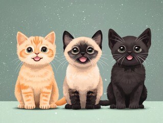 Three adorable kittens, orange, cream, and black, sitting side-by-side,  displaying happy expressions