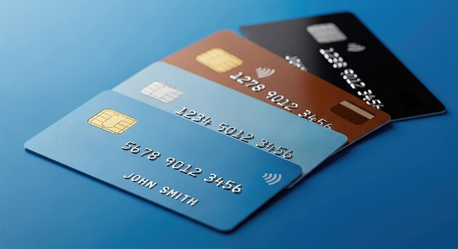 Credit cards on the table. Modern finance and digital payment technology. - Powered by Adobe
