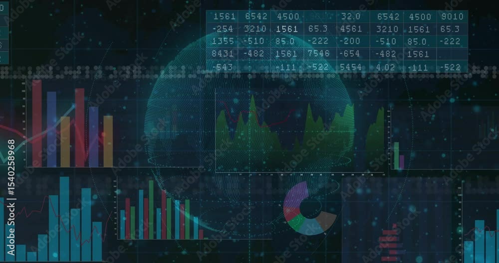 Aufkleber on sphere pulse, animated data dashboard displaying tables and charts updating to visualize trends