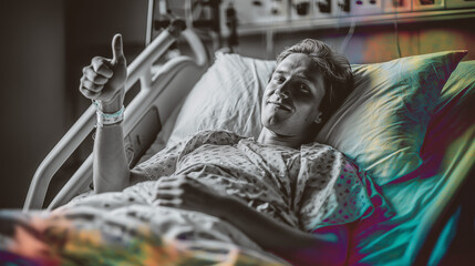 Person in hospital bed giving thumbs up after surgery. Gender-affirming surgery.