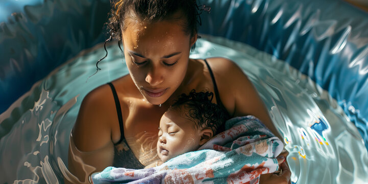 A new mother embracing her newborn baby after a natural water birth.