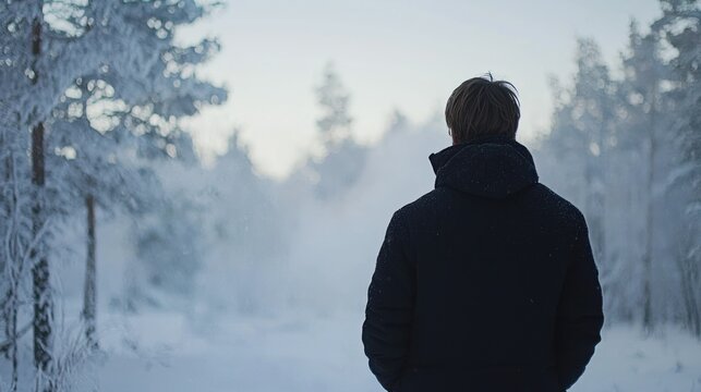 Man standing in a snowy forest, looking out