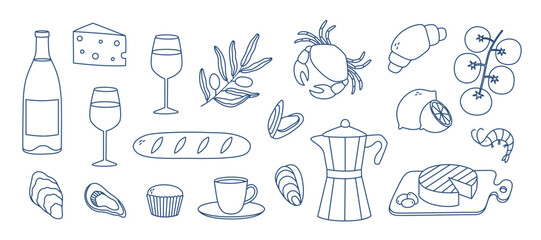 Fototapeta premium Hand drawn outline mediterranean food set. Doodle drawing for print, menu design, poster, banner