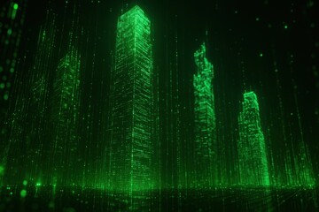 Futuristic Digital Cityscape with Glowing Green Matrix-Style Buildings at Night