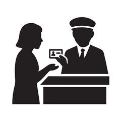 Woman Showing ID Card to Officer Silhouette Vector Illustration Icon