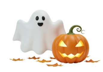 Isolated Halloween Ghost and Jack-o'-Lantern with Autumn Leaves