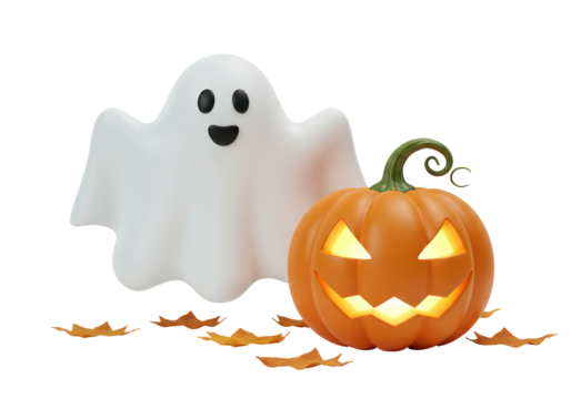 Isolated Halloween Ghost and Jack-o'-Lantern with Autumn Leaves
