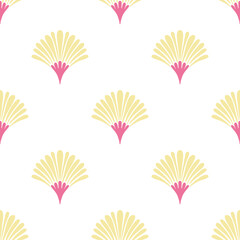 Hand drawn seamless pattern with semi-circular fan shapes abstract yellow flowers on white background. Scallop leaves backdrop. Ideal for textiles, wallpapers, and interior decor