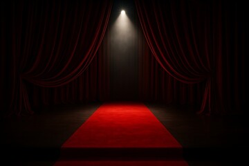 Red velvet curtains stage with spotlight and red carpet runner