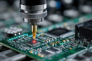 Analysis probe examining a circuit board, pinpointing a chip, illustrating testing, quality control, and electronic diagnostics