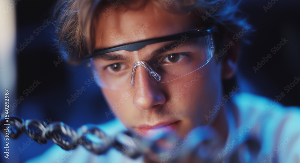 Poster a focused young man conducts advanced research on smart materials, exploring the properties of liqui