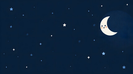 A dark blue background with a smiling crescent moon and twinkling, simple star shapes