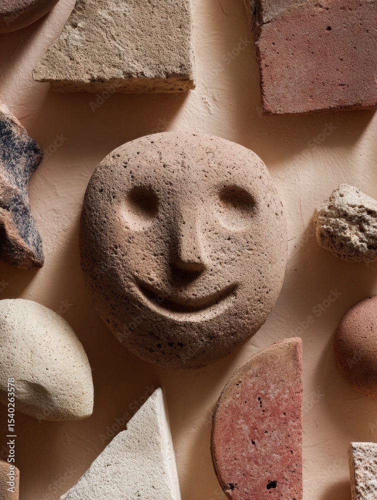 Aufkleber clay smiley face surrounded by colorful abstract shapes in a minimalistic arrangement