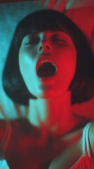 young woman in the bedroom lies on the bed and screams from orgasm during self-satisfaction