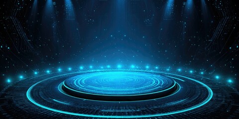 Fototapeta premium Futuristic Blue Circular Stage with Holographic Display and Glowing Light Effects: Empty Podium Surrounded by Bright Stars. Abstract Commercial Background for Tech Presentations, Annual Meetings, and 