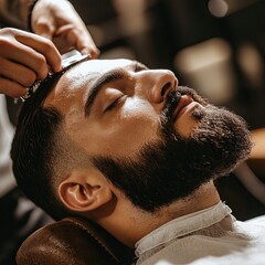 Bearded man getting beard haircut by barber at barbershop