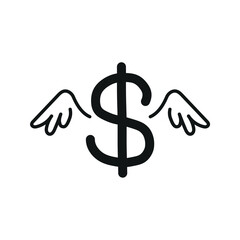 Handwritten black Dollar money with wings symbol. Currency illustration symbol vector design. USD. Spent, expenses, purchases, dwindling, transfer and devaluation.