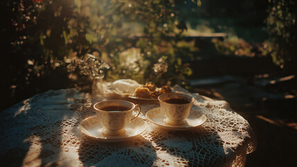 Vintage tea set on lace tablecloth in sunlit garden