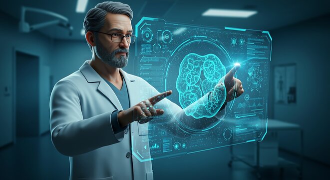 Neuroscientist Exploring 3D Brain Model on Holographic Interface