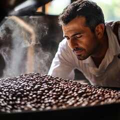 Business owner inhaling aroma of coffee in own manufacturing of roasted coffee beans