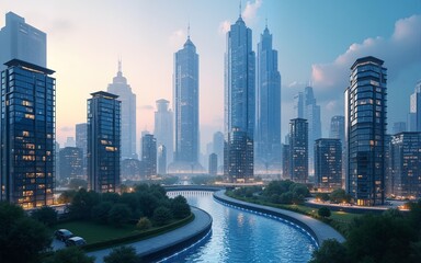 This smart city features modern buildings linked by an AI network, highlighting urban innovation with clear technological integration. Generative AI. High quality