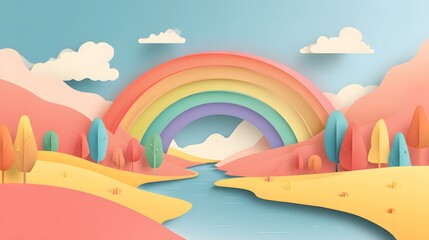 Colorful flat illustration of a rainbow over a peaceful landscape with pastel hills, trees, and a river under a clear blue sky.