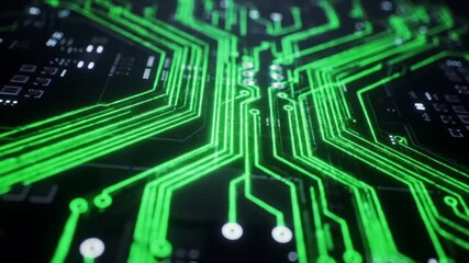 Electronic circuit board with a pattern of green technology chips and a digital processor design - Powered by Adobe