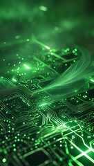 Fototapeta premium Glowing green circuit board with data streams, showcasing intricate technological design and digital flow.