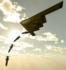 B-2 Spirit, Stealth Bomber, heavy strategic bomber, stealth technology designed to penetrate dense anti-aircraft defenses and GBU-57 MOP (Massive Ordnance Penetrator) bunker buster bomb. 3d rendering