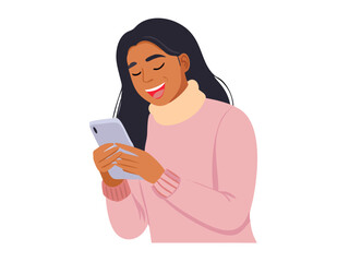 Smiling woman holding a phone and coffee cup, a picture of modern lifestyle