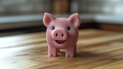 Charming pink pig figurine on wooden surface