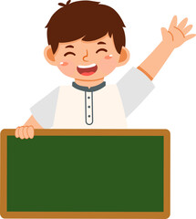 Schoolboy with a Chalkboard: A cheerful schoolboy, arms up in a welcoming gesture, stands beside a chalkboard, ready for learning. Capturing youthful enthusiasm.