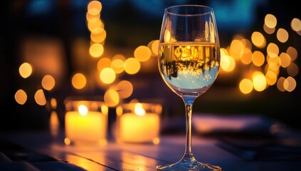 Wine glass at a candlelit outdoor table