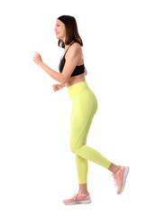 Sporty young woman running marathon on white background
