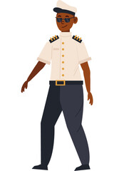 Illustration of a Smiling Navy Officer: Cheerful navy officer wearing sunglasses and captain's hat walking with smile.