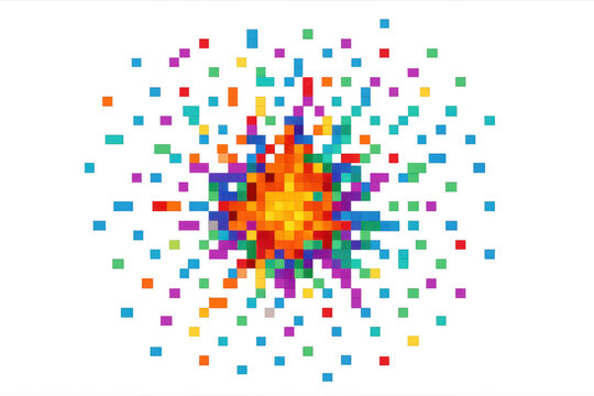 Vibrant pixel burst radiating outward, transparent backdrop—dynamic digital graphic element for creative visual compositions